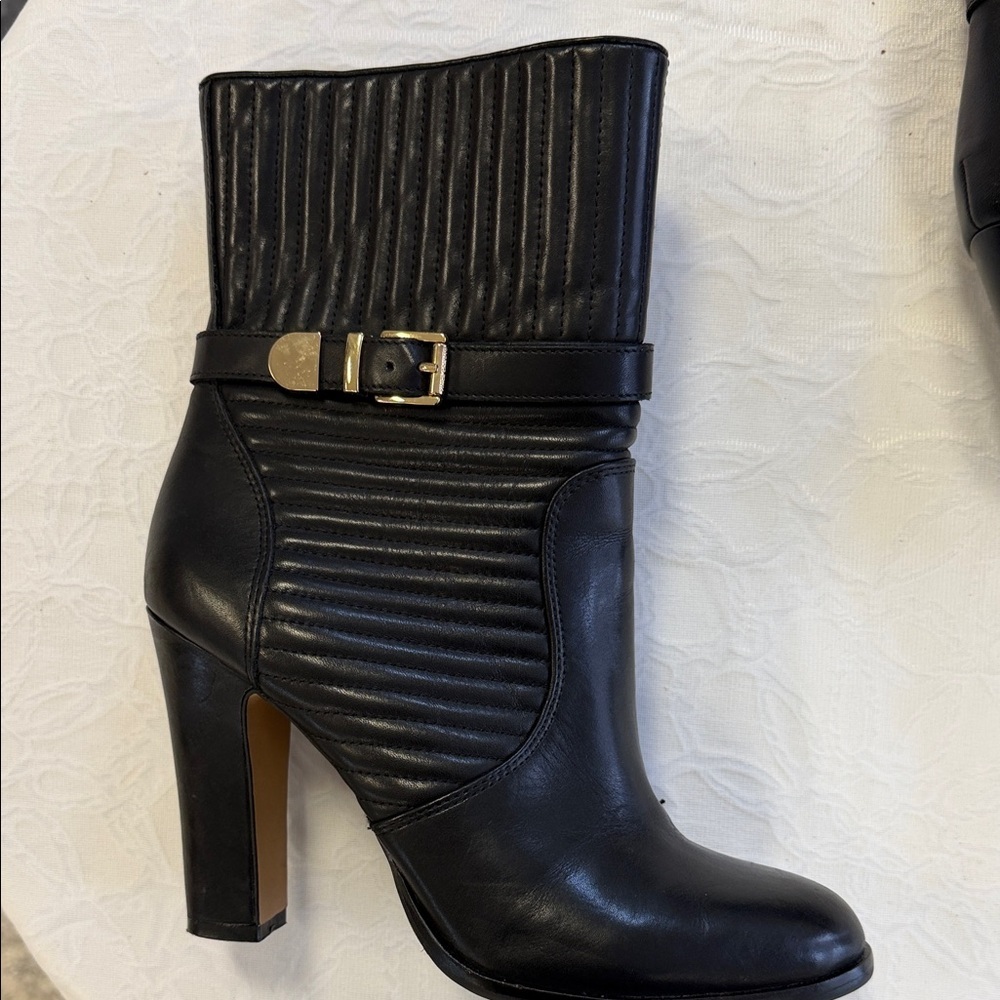 NWOT Vince Camuto Black Heeled Leather Boots with Buckle - Picture 3 of 9